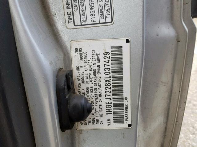 1HGEJ7228XL037429 - 1999 HONDA CIVIC HX SILVER photo 10