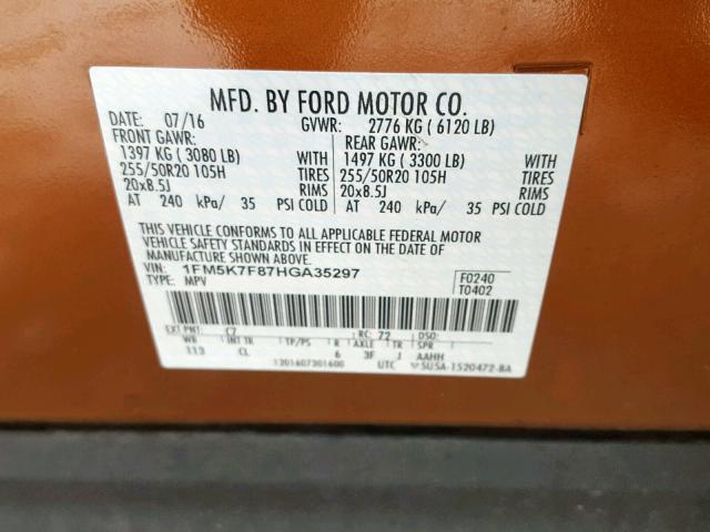 1FM5K7F87HGA35297 - 2017 FORD EXPLORER L BROWN photo 10