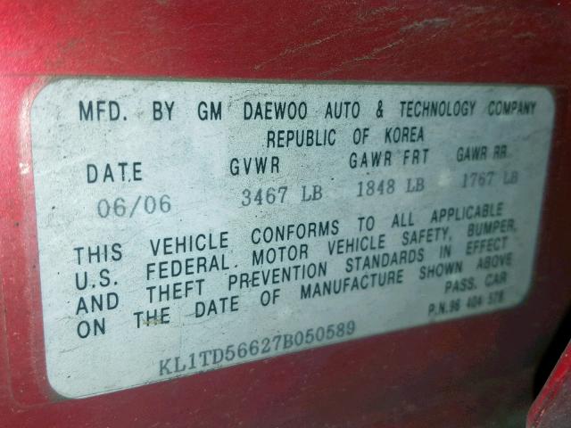 KL1TD56627B050589 - 2007 CHEVROLET AVEO BASE Қызыл фото 10