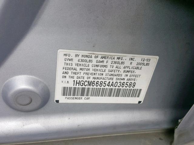 1HGCM66854A036589 - 2004 HONDA ACCORD EX SILVER photo 10