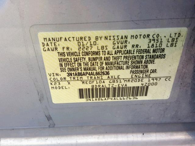 3N1AB6AP4AL662636 - 2010 NISSAN SENTRA 2.0 SILVER photo 10