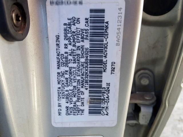 4T1BE32KX3U694926 - 2003 TOYOTA CAMRY LE SILVER photo 10