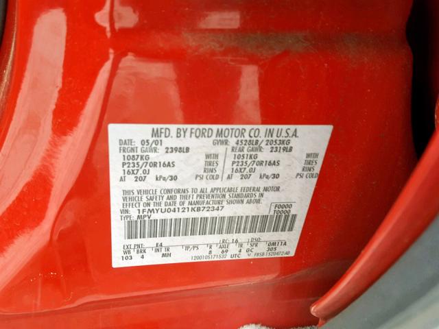 1FMYU04121KB72347 - 2001 FORD ESCAPE XLT RED photo 10