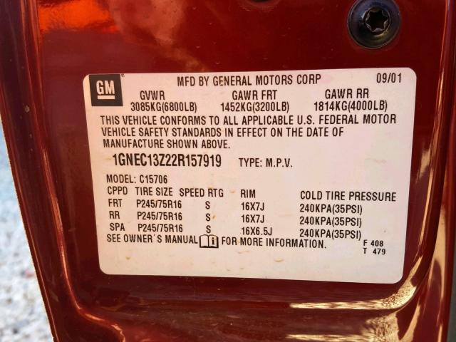 1GNEC13Z22R157919 - 2002 CHEVROLET TAHOE RED photo 10