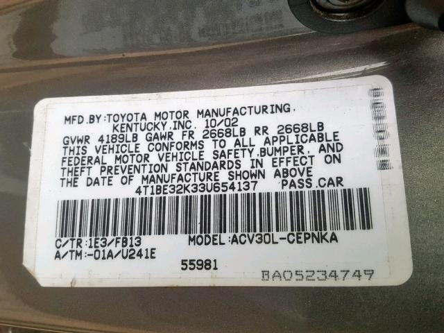 4T1BE32K33U654137 - 2003 TOYOTA CAMRY LE GRAY photo 10