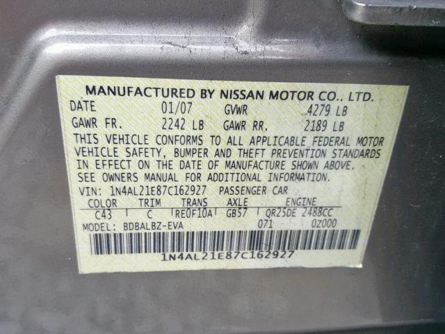 1N4AL21E87C162927 - 2007 NISSAN ALTIMA 2.5 GOLD photo 10