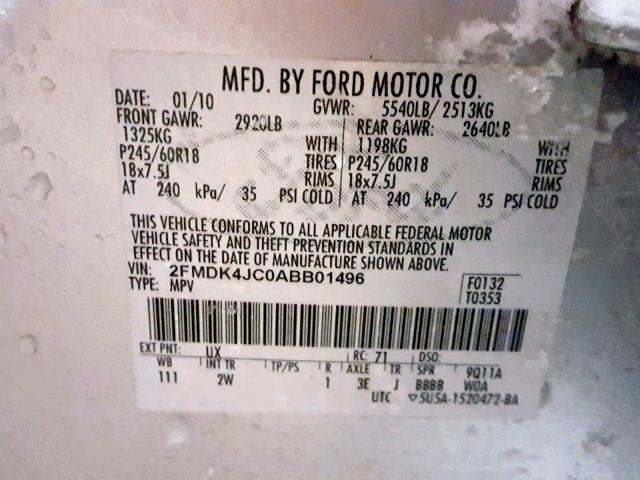 2FMDK4JC0ABB01496 - 2010 FORD EDGE SEL SILVER photo 10