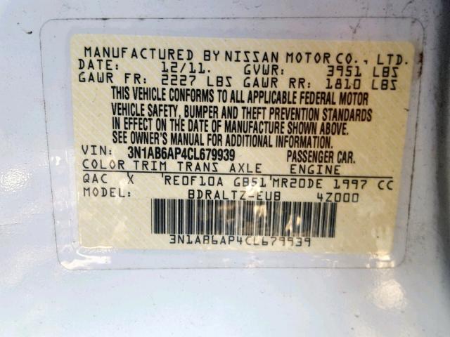 3N1AB6AP4CL679939 - 2012 NISSAN SENTRA 2.0 WHITE photo 10