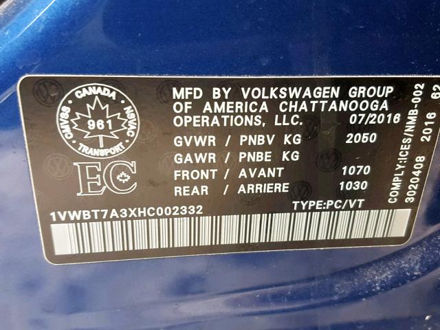 1VWBT7A3XHC002332 - 2017 VOLKSWAGEN PASSAT SE BLUE photo 10