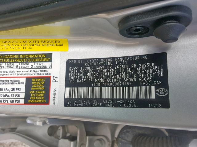 4T1BF1FK8CU021757 - 2012 TOYOTA CAMRY BASE SILVER photo 10