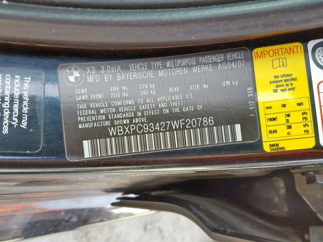 WBXPC93427WF20786 - 2007 BMW X3 3.0SI BLACK photo 10