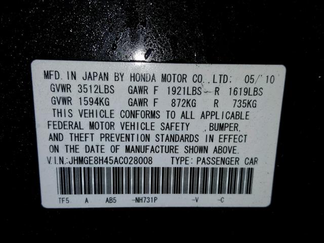 JHMGE8H45AC028008 - 2010 HONDA FIT SPORT BLACK photo 10