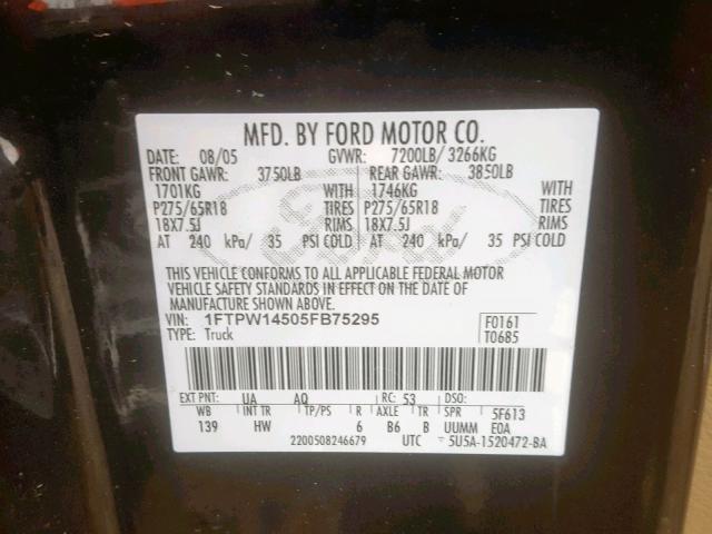 1FTPW14505FB75295 - 2005 FORD F150 SUPER BLACK photo 10