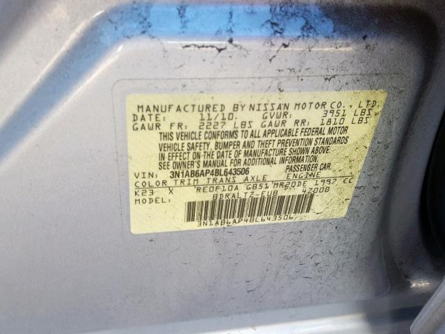 3N1AB6AP4BL643506 - 2011 NISSAN SENTRA 2.0 SILVER photo 10