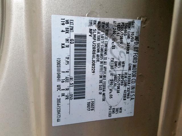 5LMFU28R84LJ08229 - 2004 LINCOLN NAVIGATOR Бежевый фото 10