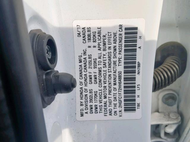 2HGFC1F72HH648850 - 2017 HONDA CIVIC EXL WHITE photo 10