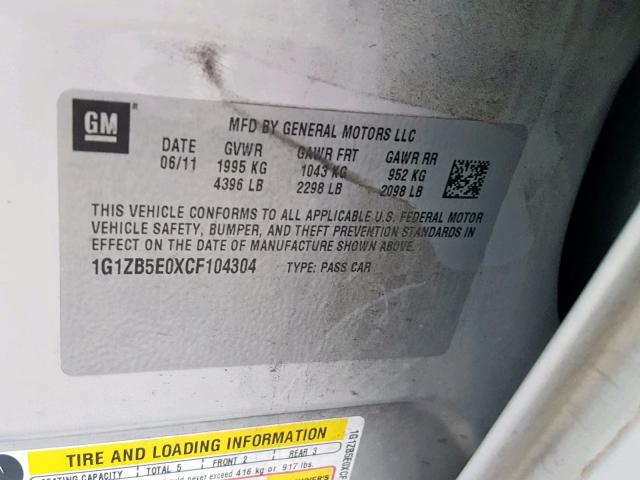 1G1ZB5E0XCF104304 - 2012 CHEVROLET MALIBU LS SILVER photo 10