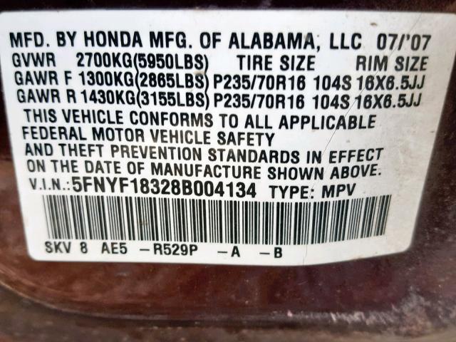 5FNYF18328B004134 - 2008 HONDA PILOT SE BURGUNDY photo 10