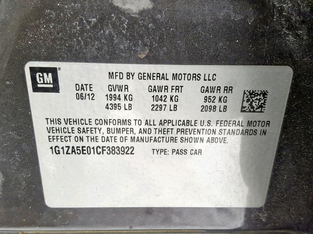 1G1ZA5E01CF383922 - 2012 CHEVROLET MALIBU LS GRAY photo 10