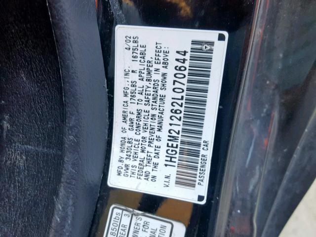 1HGEM21262L070644 - 2002 HONDA CIVIC DX BLACK photo 10