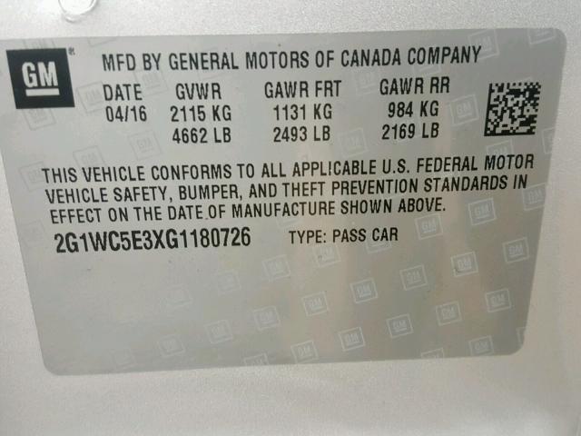 2G1WC5E3XG1180726 - 2016 CHEVROLET IMPALA LIM SILVER photo 10