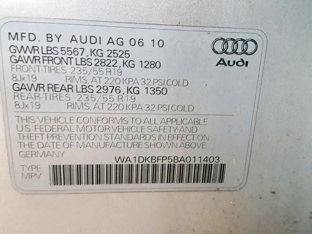 WA1DKBFP5BA011403 - 2011 AUDI Q5 PREMIUM SILVER photo 10