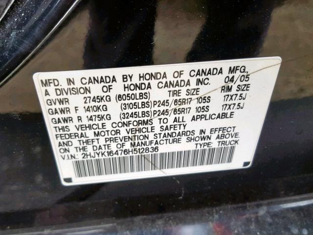 2HJYK16476H512836 - 2006 HONDA RIDGELINE BLACK photo 10