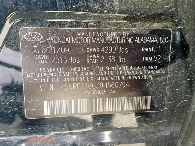 5NPET46C39H560794 - 2009 HYUNDAI SONATA GLS BLACK photo 10