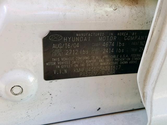 KMHFU45E05A381517 - 2005 HYUNDAI XG 350 WHITE photo 10