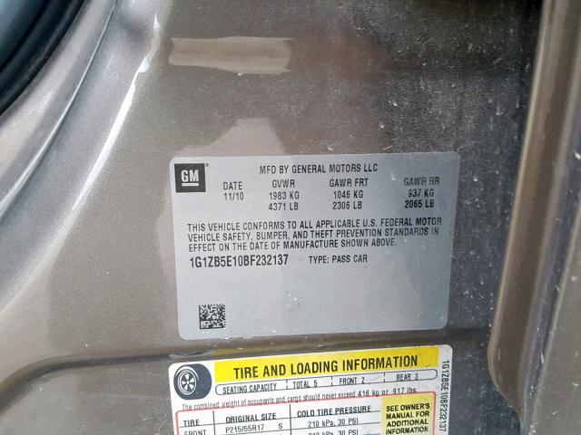 1G1ZB5E10BF232137 - 2011 CHEVROLET MALIBU LS GOLD photo 10