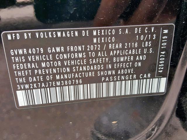 3VW2K7AJ7EM380796 - 2014 VOLKSWAGEN JETTA BASE 黑色 照片 10