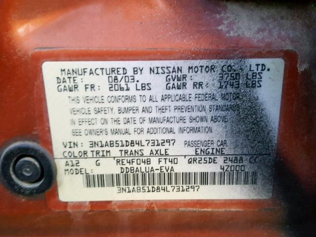 3N1AB51D84L731297 - 2004 NISSAN SENTRA SE- BLACK photo 10