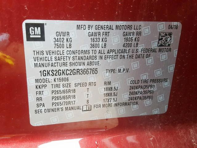 1GKS2GKC2GR366765 - 2016 GMC YUKON XL K MAROON photo 10