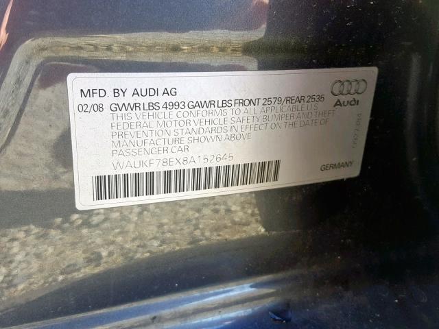 WAUKF78EX8A152645 - 2008 AUDI A4 2.0T AV GRAY photo 10