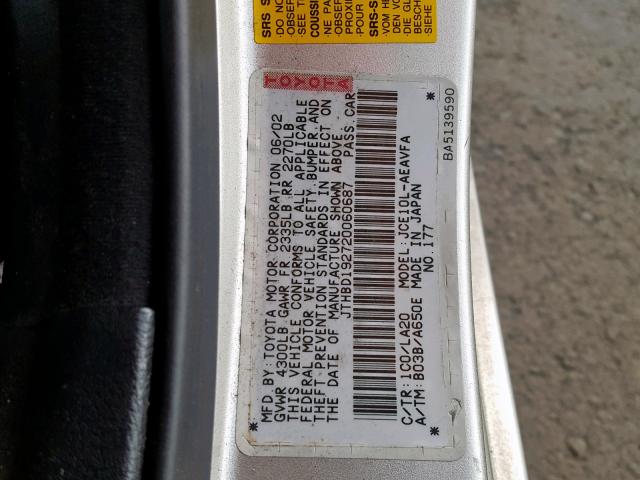 JTHBD192720060687 - 2002 LEXUS IS 300 SILVER photo 10