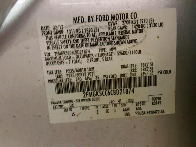 2FMGK5CC6CBD21874 - 2012 FORD FLEX SEL SILVER photo 10