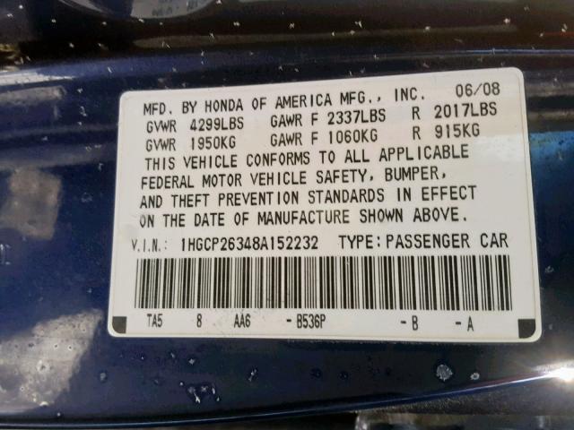 1HGCP26348A152232 - 2008 HONDA ACCORD LX BLUE photo 10