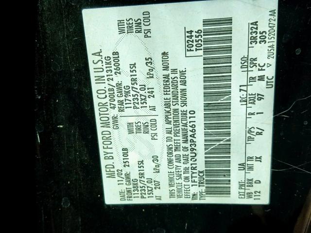 1FTYR10U93PA66110 - 2003 FORD RANGER BLACK photo 10