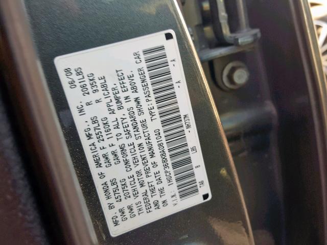 1HGCP368X8A081040 - 2008 HONDA ACCORD EXL GRAY photo 10