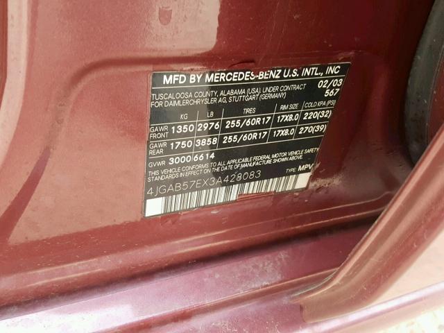 4JGAB57EX3A428083 - 2003 MERCEDES-BENZ ML 350 MAROON photo 10