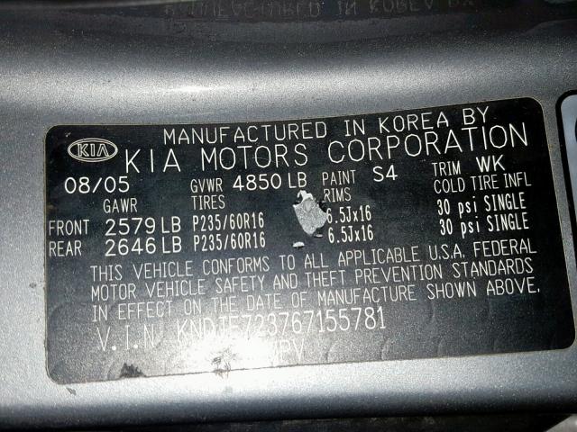 KNDJE723767155781 - 2006 KIA NEW SPORTA GRAY photo 10