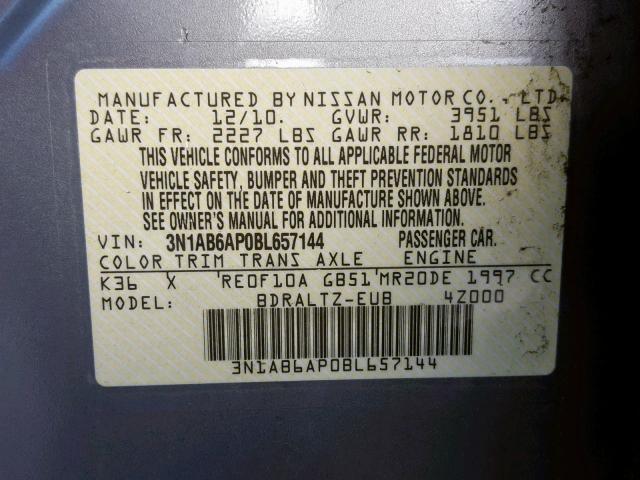 3N1AB6AP0BL657144 - 2011 NISSAN SENTRA 2.0 SILVER photo 10