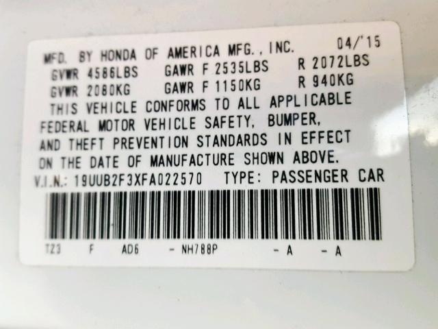 19UUB2F3XFA022570 - 2015 ACURA TLX WHITE photo 10