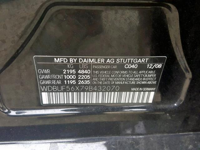 WDBUF56X79B432070 - 2009 MERCEDES-BENZ E 350 BLACK photo 10