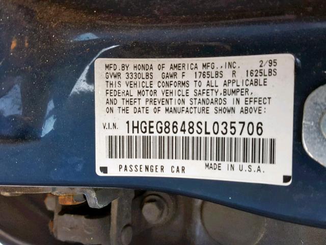 1HGEG8648SL035706 - 1995 HONDA CIVIC DX BLUE photo 10