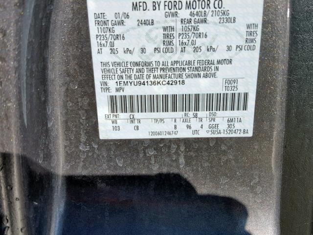 1FMYU94136KC42918 - 2006 FORD ESCAPE LIM GRAY photo 10