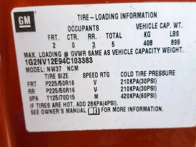 1G2NV12E94C103383 - 2004 PONTIAC GRAND AM G ORANGE photo 10