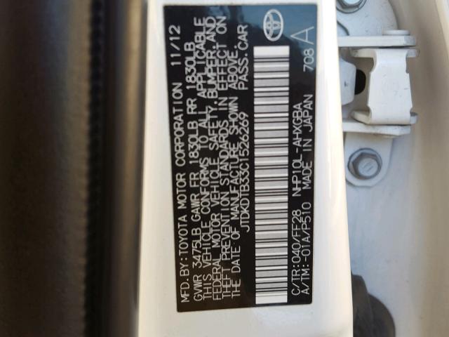 JTDKDTB33C1526269 - 2012 TOYOTA PRIUS C WHITE photo 10