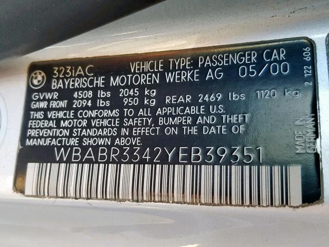 WBABR3342YEB39351 - 2000 BMW 323 CI SILVER photo 10