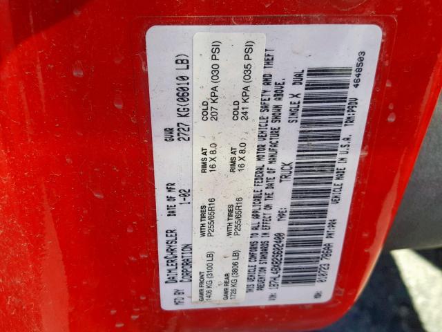 1B7HL48X82S602400 - 2002 DODGE DAKOTA QUA RED photo 10